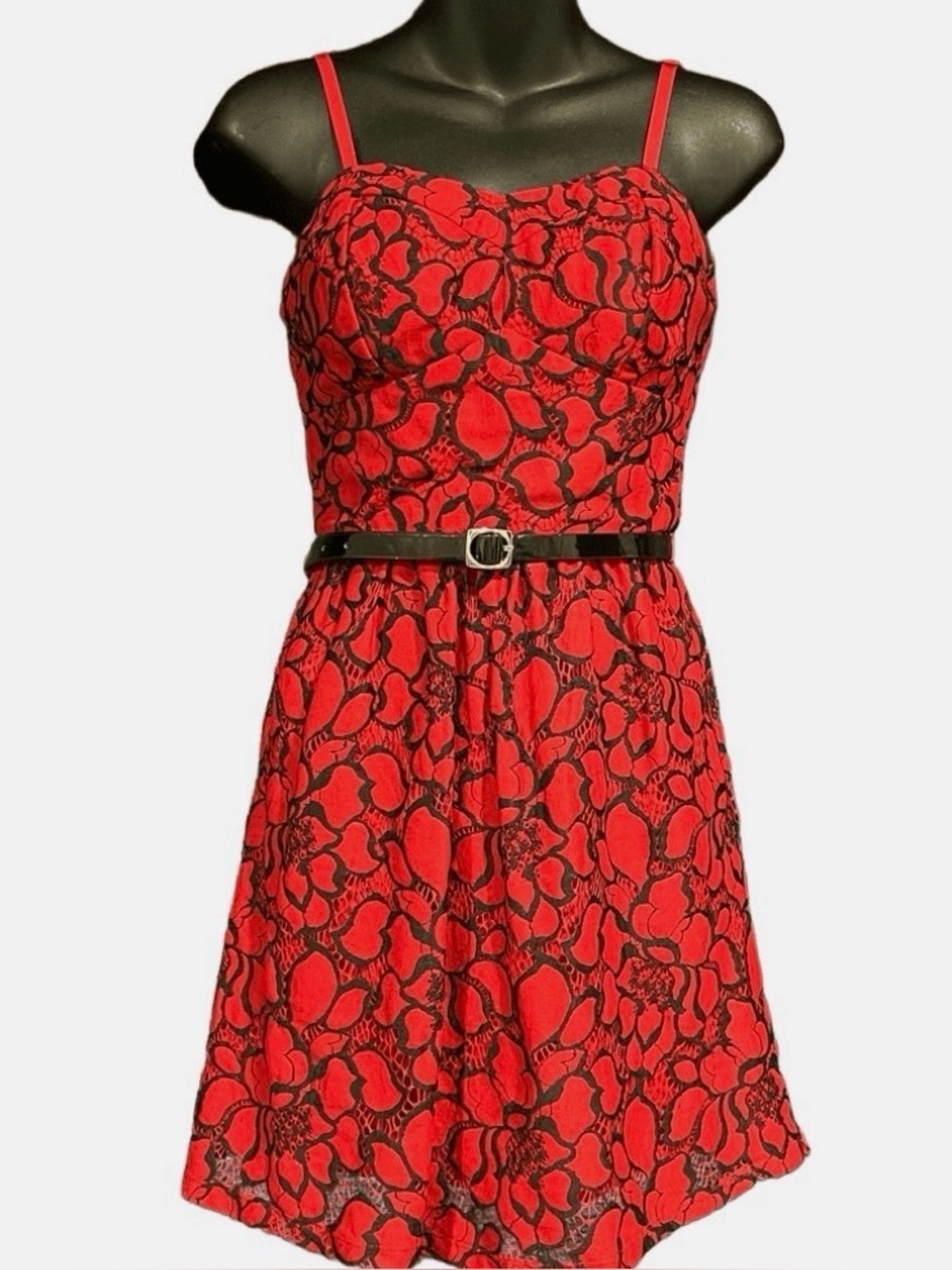 Lily Rose Red Dress with Black Lace Pattern and Spaghetti Straps